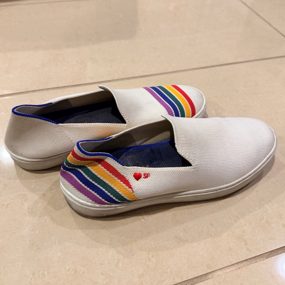 Rothy’s White Slip-On Shoes with Rainbow Stripes